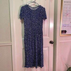 Blue ASOS dress, white and yellow dots